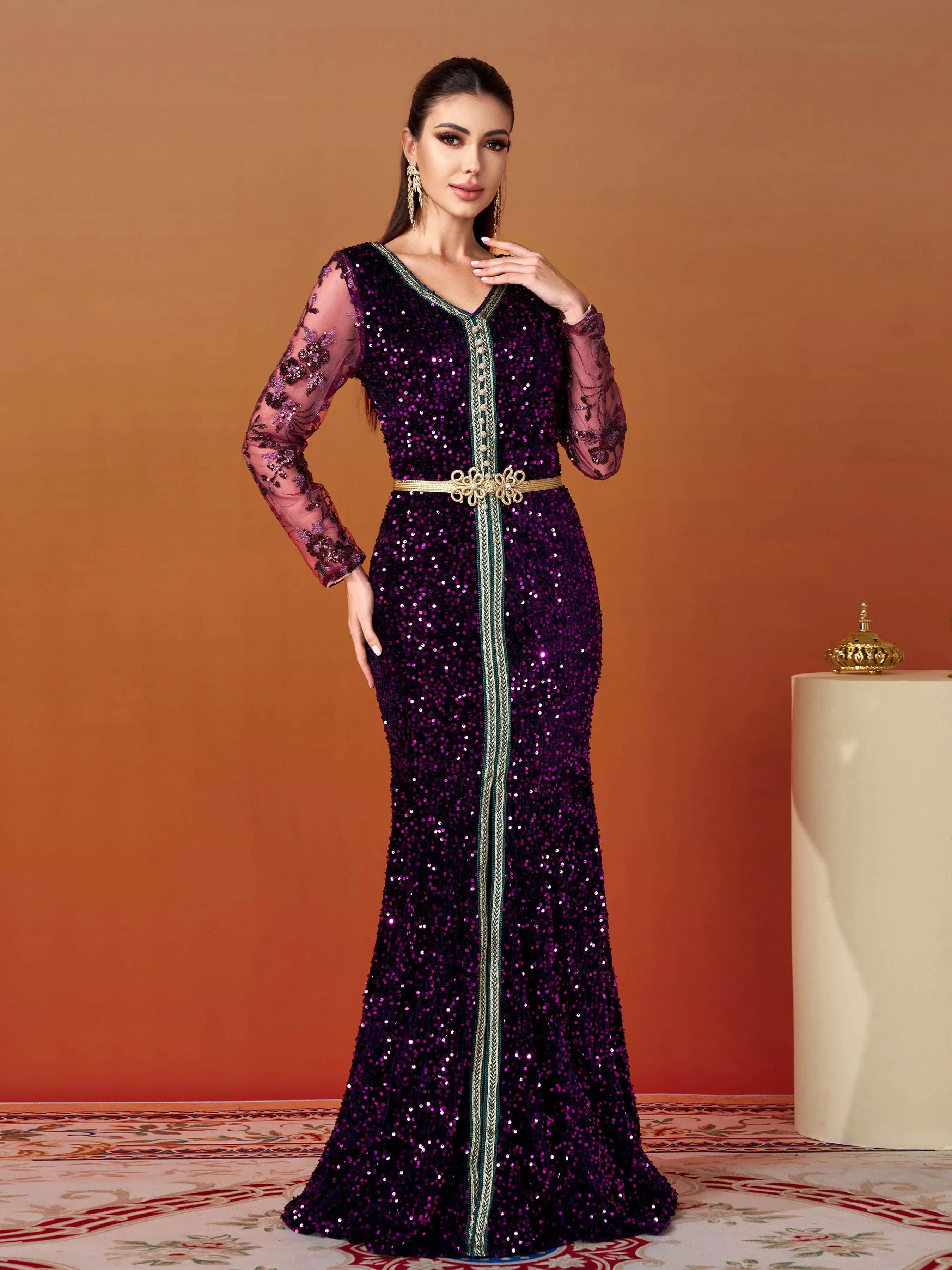 V-neck Belt Split Panel Sequin Dress MES00383