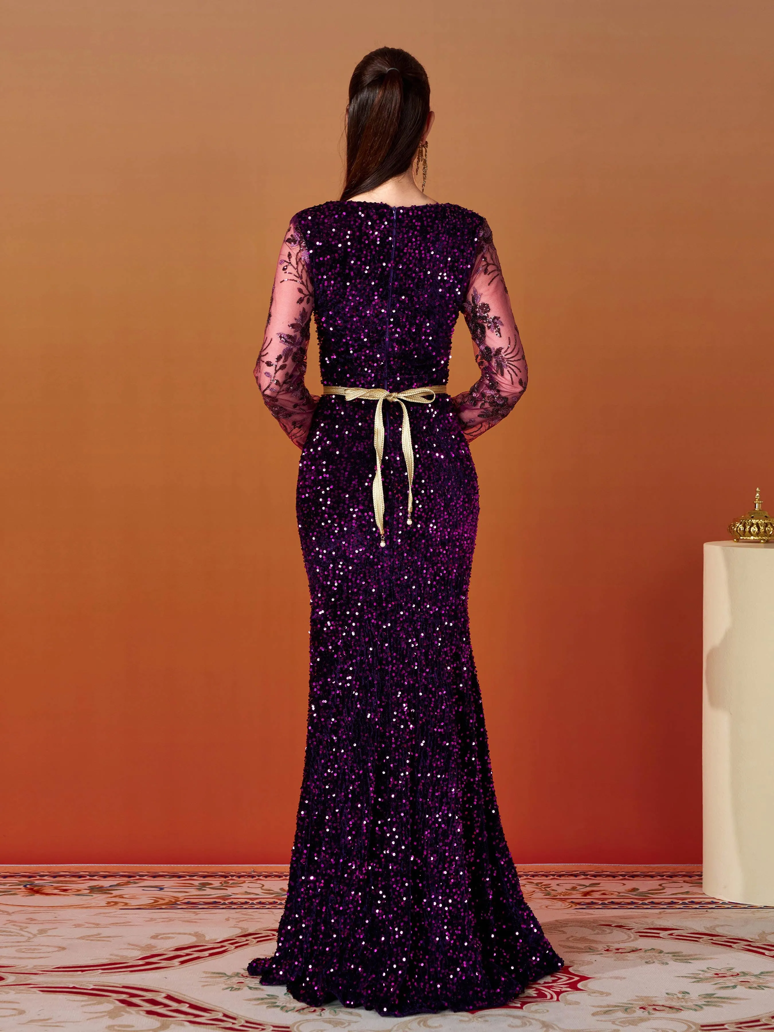 V-neck Belt Split Panel Sequin Dress MES00383