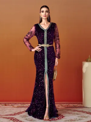 V-neck Belt Split Panel Sequin Dress MES00383
