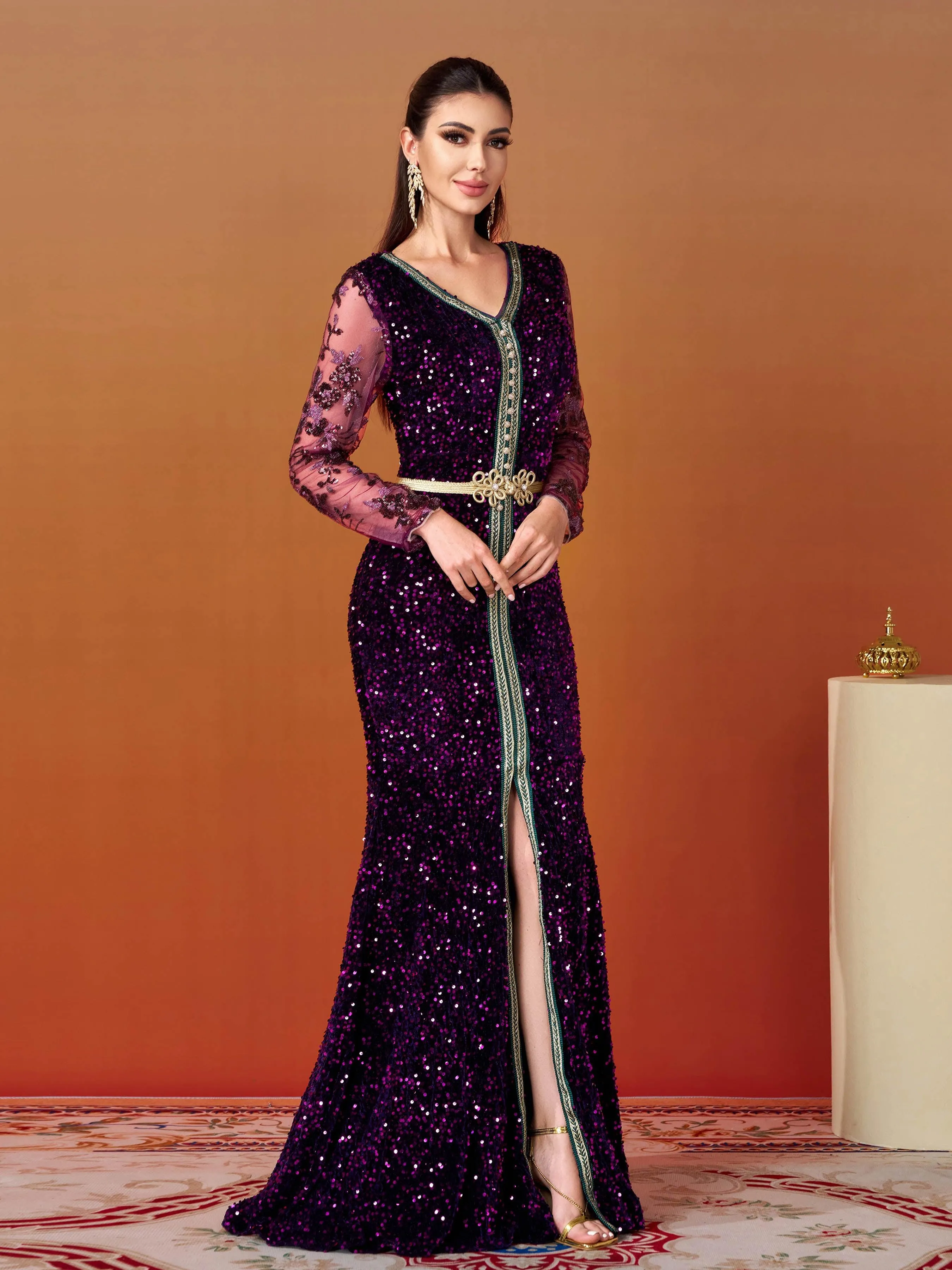 V-neck Belt Split Panel Sequin Dress MES00383