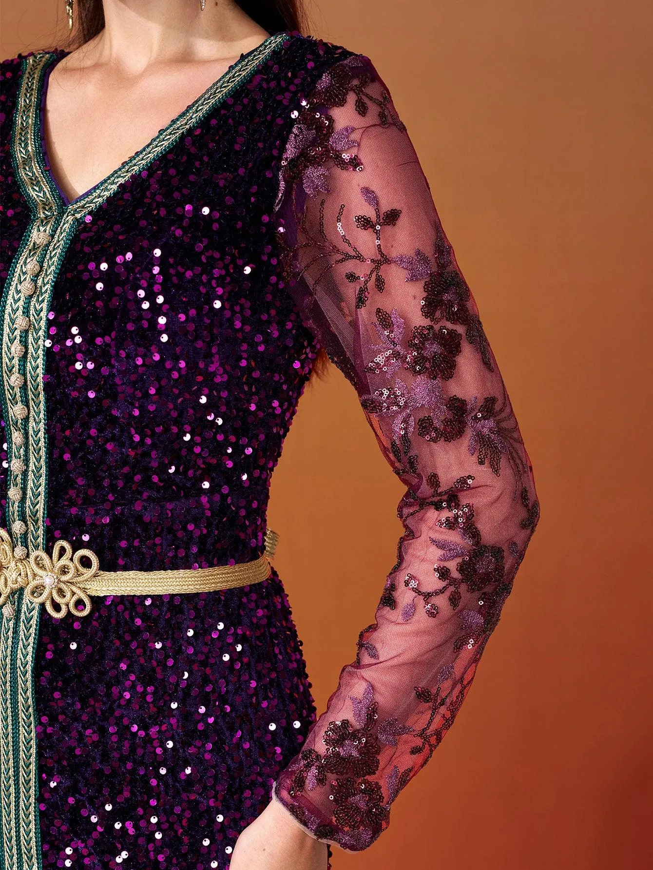 V-neck Belt Split Panel Sequin Dress MES00383