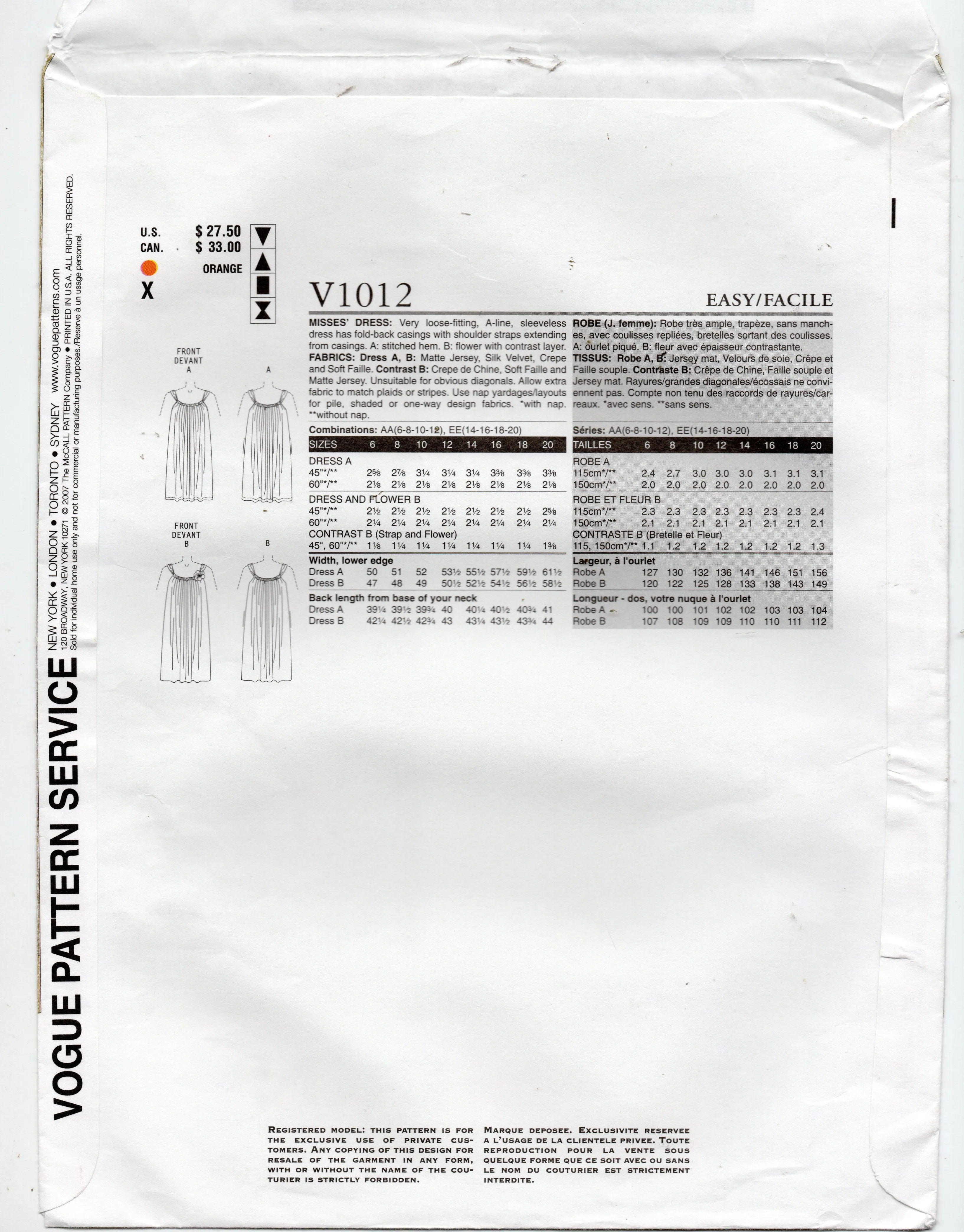 Vogue American Designer V1012 DKNY Womens Evening Pillowcase Style Dress Out Of Print Sewing Pattern Size 14 - 20 UNCUT Factory Folded