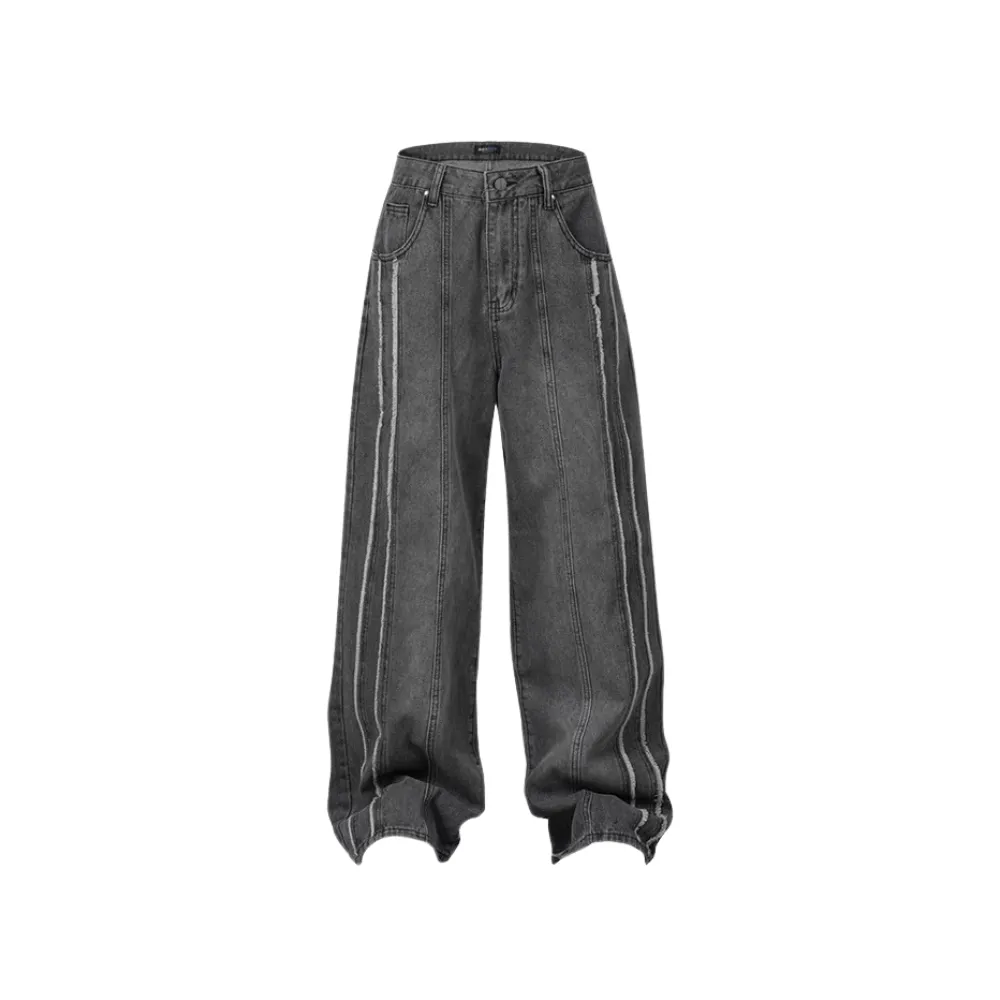 Washed Distressed Raw Edge Baggy Jeans