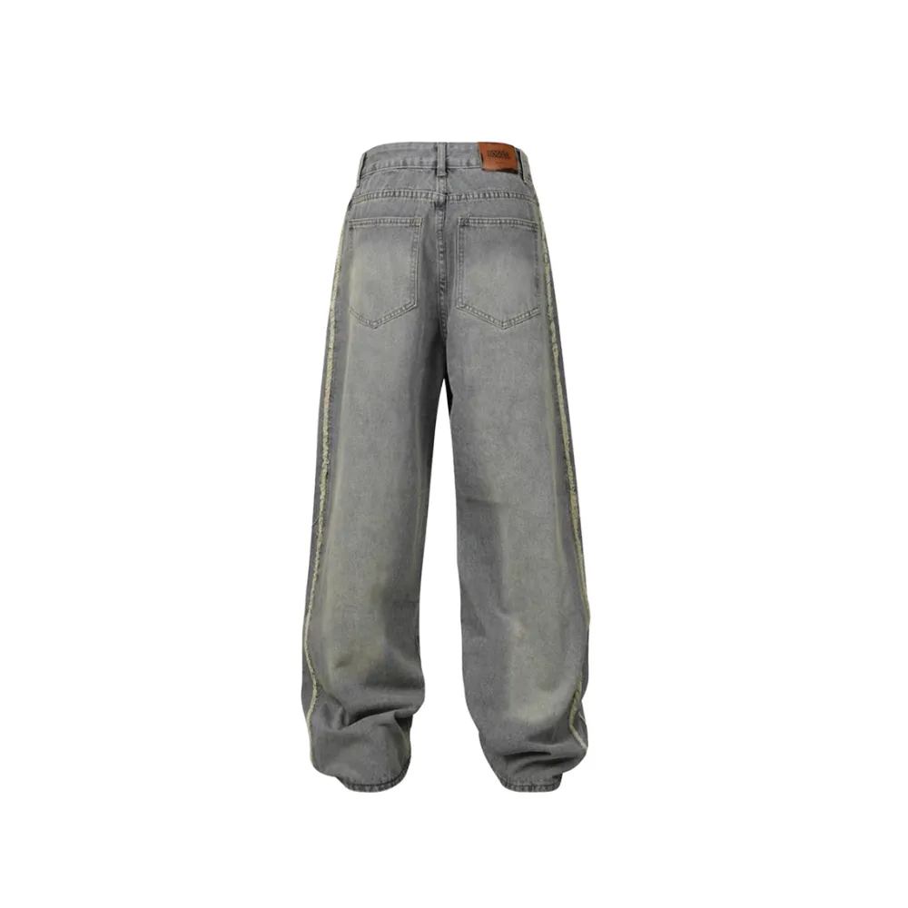 Washed Distressed Raw Edge Baggy Jeans