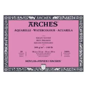 Watercolour Paper - BLOCK - ARCHES Aquarelle -  SATINE (HOT PRESSED / SMOOTH)  140 lb/ 300 gsm WHITE  36 x 51 cm, 14 x 20",
