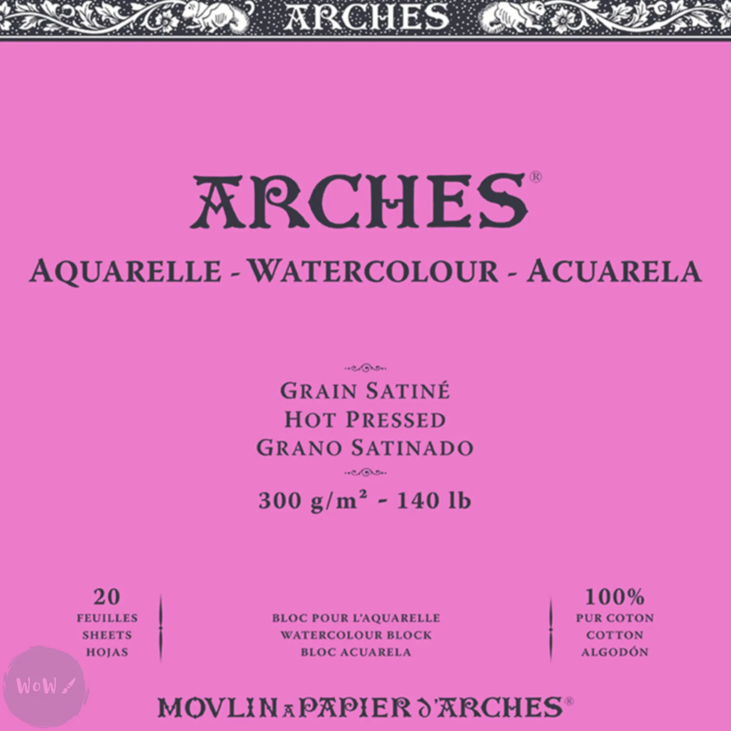 Watercolour Paper - BLOCK - ARCHES Aquarelle -  SATINE (HOT PRESSED / SMOOTH)  140 lb/ 300 gsm WHITE  36 x 51 cm, 14 x 20",