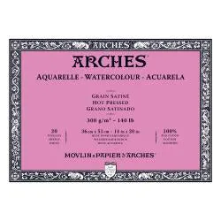 Watercolour Paper - BLOCK - ARCHES Aquarelle -  SATINE (HOT PRESSED / SMOOTH)  140 lb/ 300 gsm WHITE  36 x 51 cm, 14 x 20",