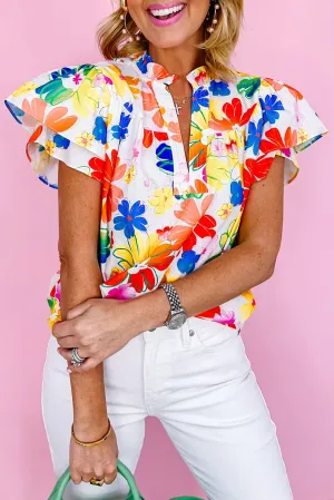 White Floral Bouquet Flutter Top