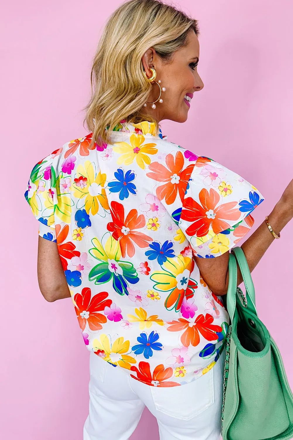 White Floral Bouquet Flutter Top