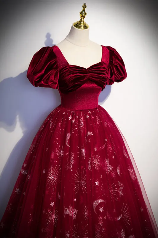 Wine Red Velvet and Tulle Short Sleeves Princess Dress