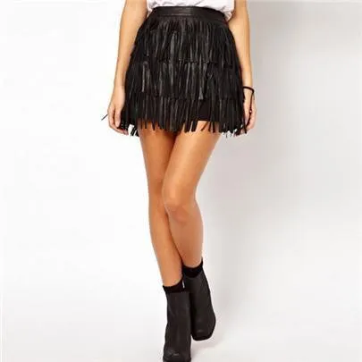 Woman Skirts Fashion Women Fringe Tassel PU Leather High Waist A-Line Mini Lady Skirt S-XXL Black D013
