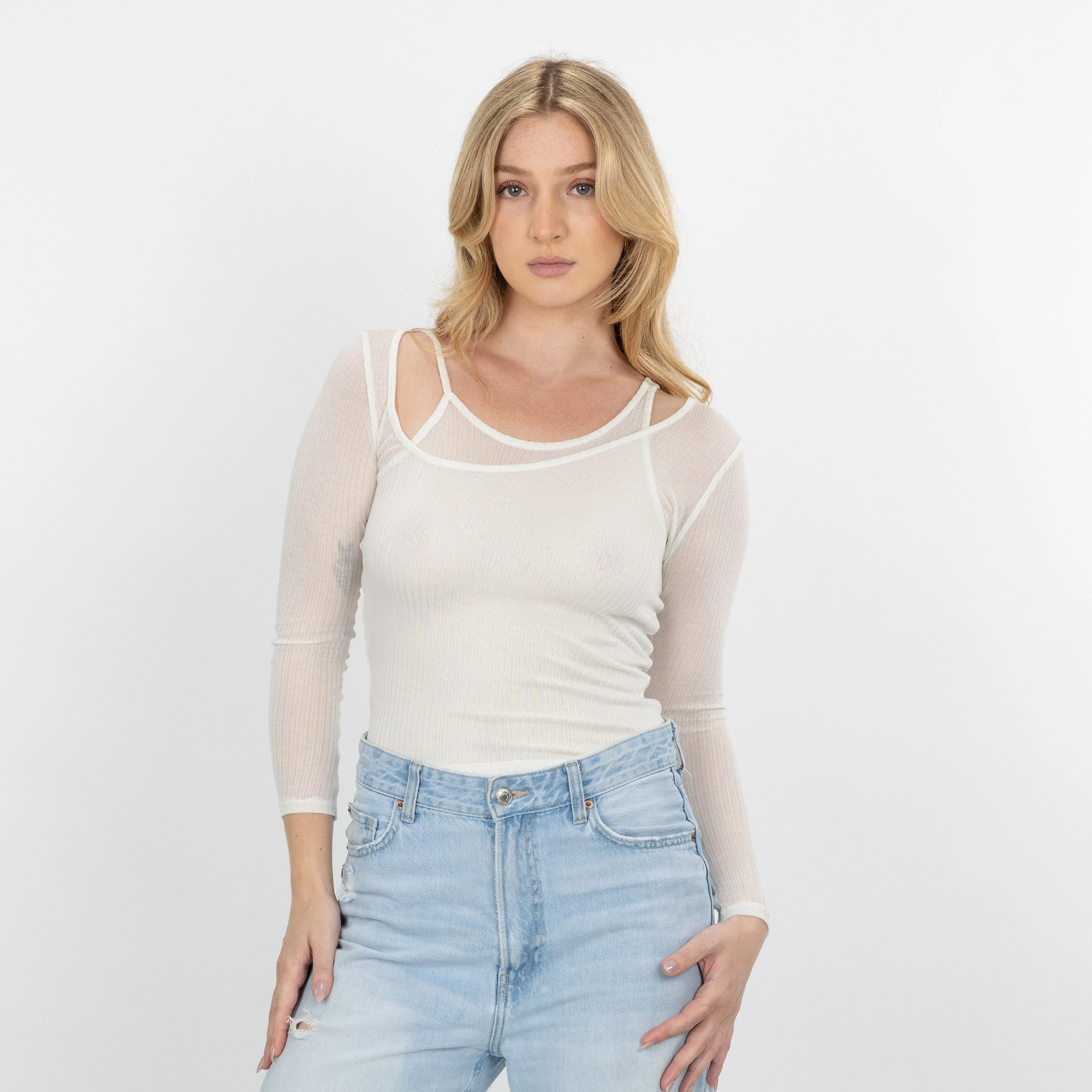 Womens Double Layer Asymmetric Neck Long Sleeve - Summer H Grey
