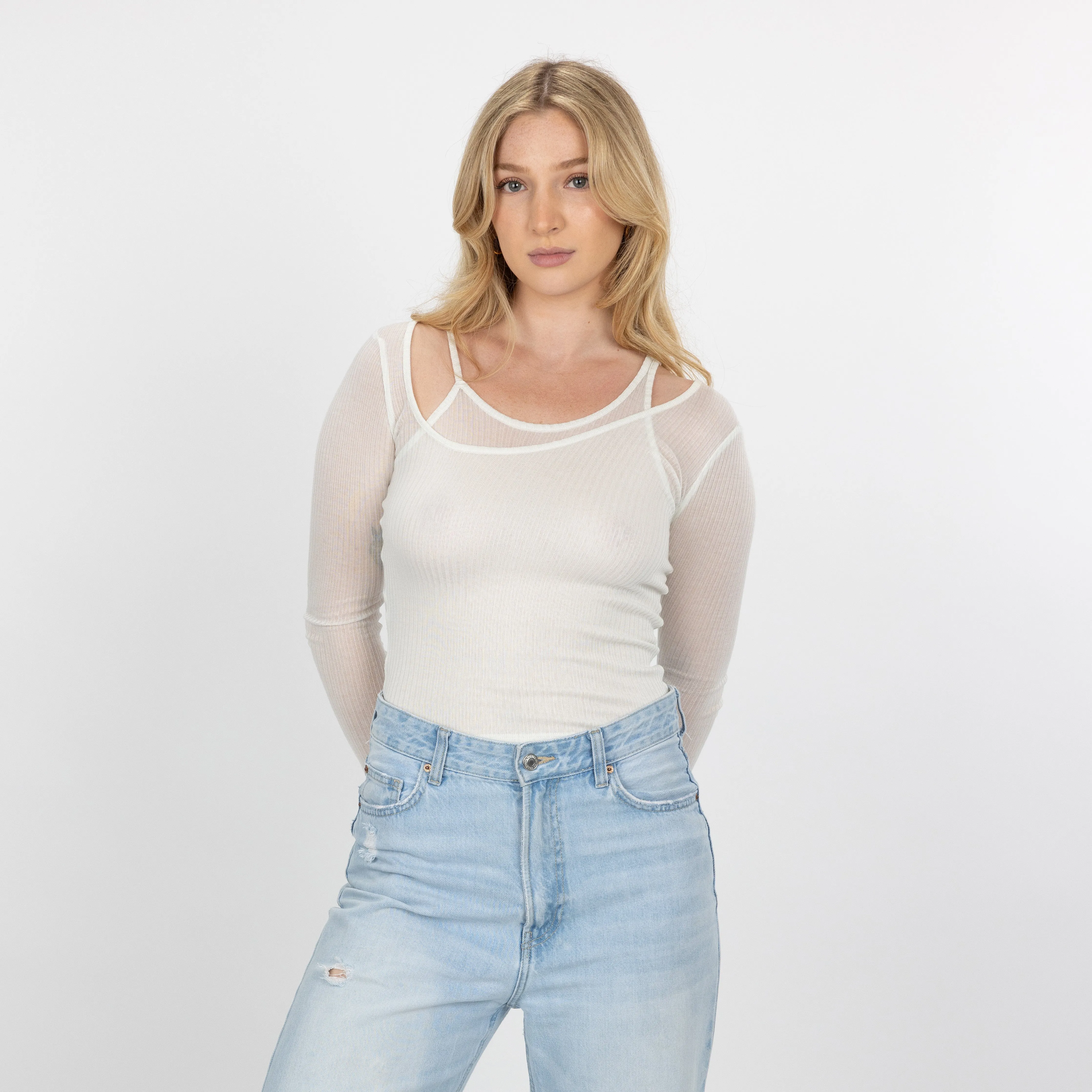 Womens Double Layer Asymmetric Neck Long Sleeve - Summer H Grey