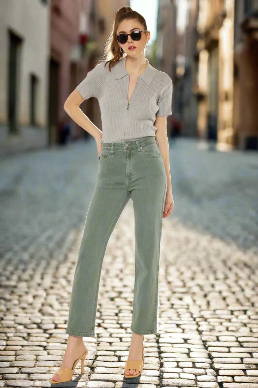 Women's Kancan Ultra High Rise Straight Leg Jeans | Vintage Style Olive Stretch Denim