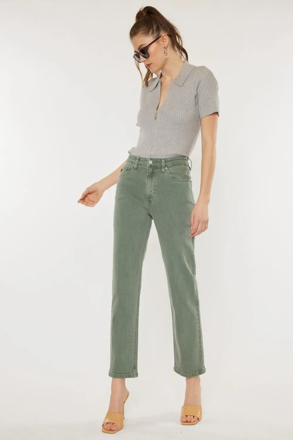 Women's Kancan Ultra High Rise Straight Leg Jeans | Vintage Style Olive Stretch Denim