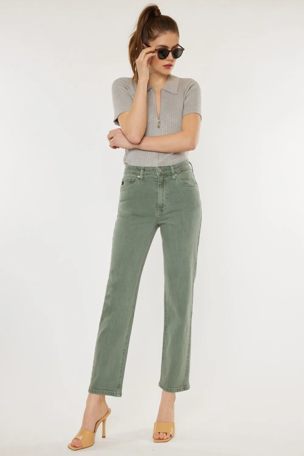 Women's Kancan Ultra High Rise Straight Leg Jeans | Vintage Style Olive Stretch Denim