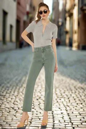 Women's Kancan Ultra High Rise Straight Leg Jeans | Vintage Style Olive Stretch Denim