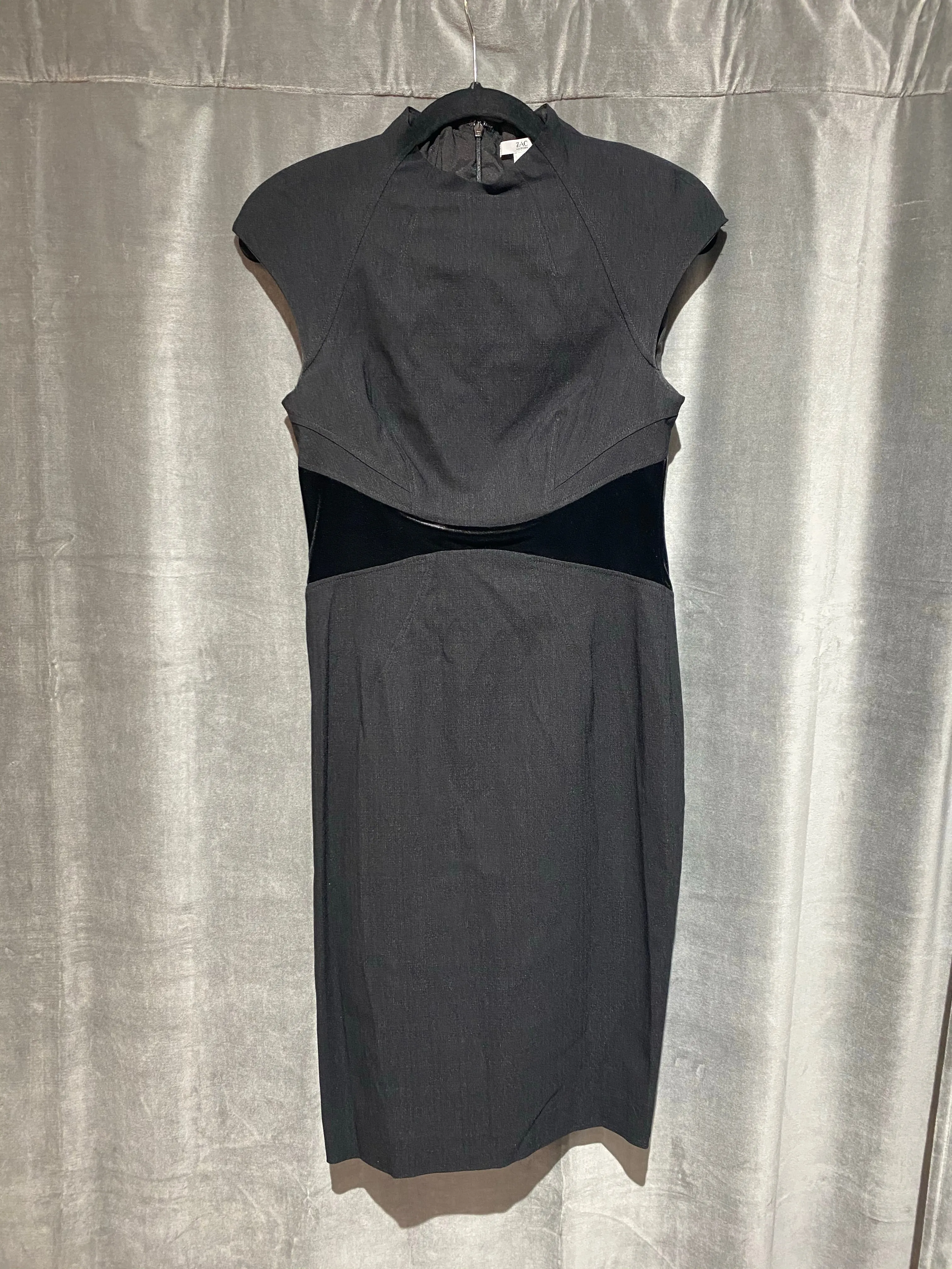 Zac Posen Black Cap Sleeve Mock neck Midi Stretch Dress